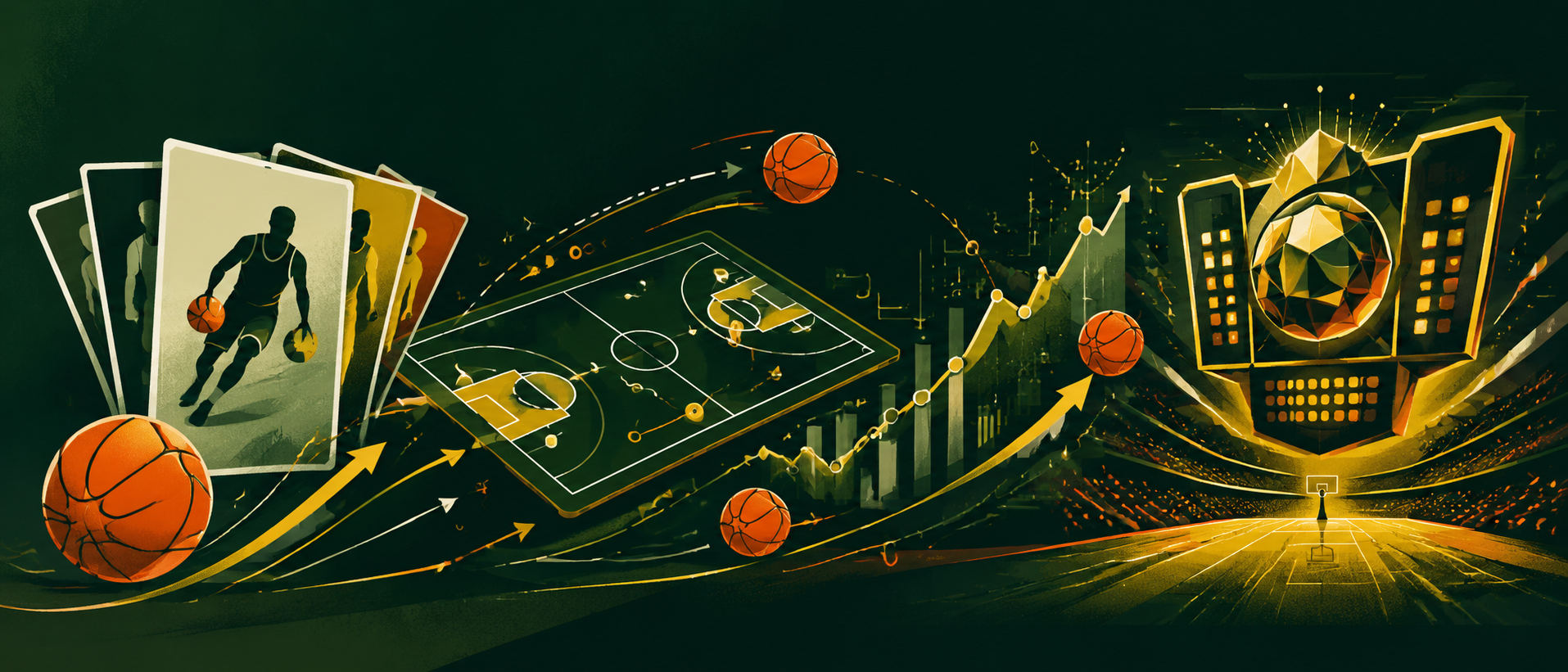 An illustrated basketball court sequence that follows a roster draft through an 82-game season simulation.